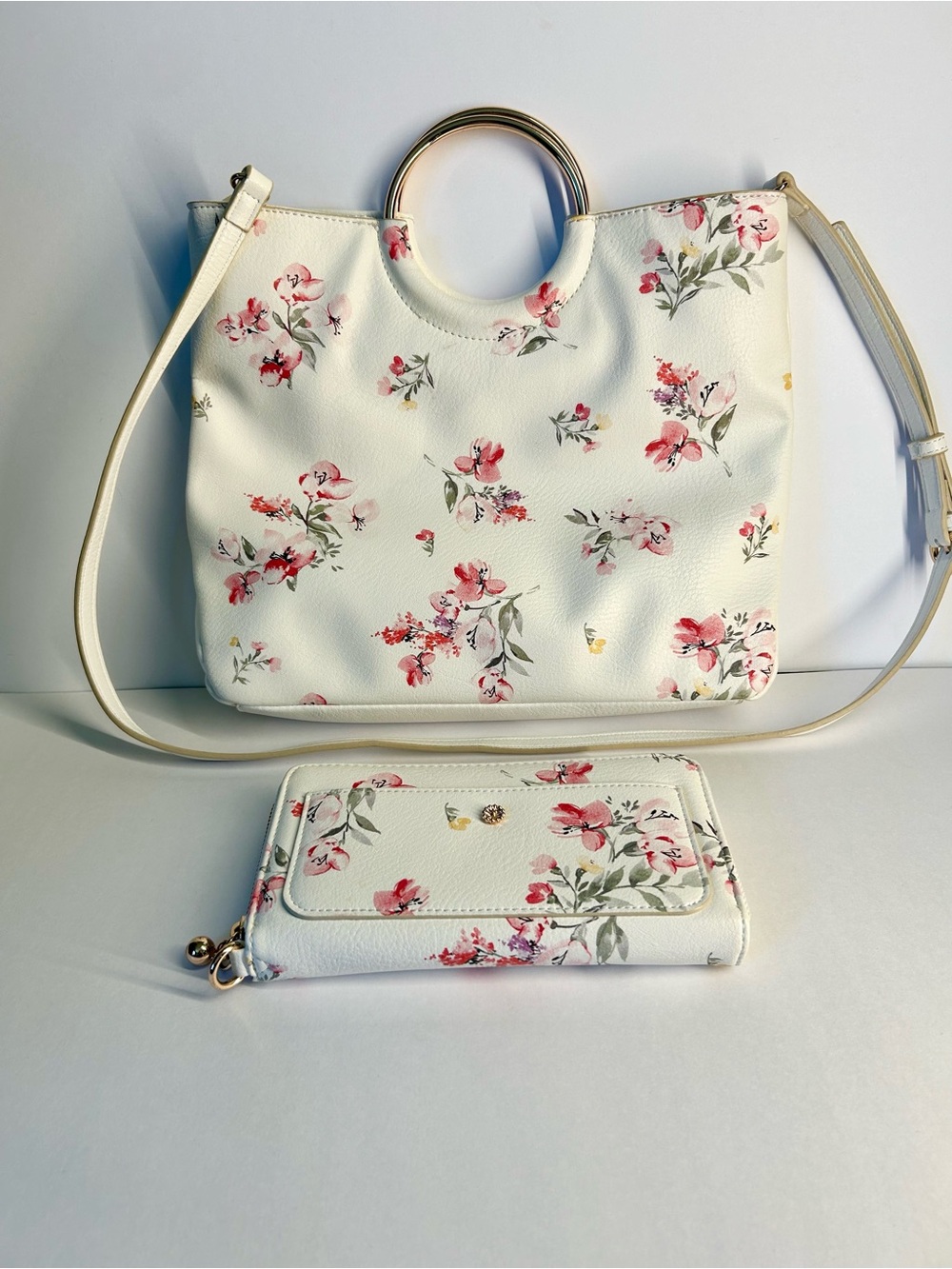 Lauren Conrad Floral White Purse with Gold Ring Handles - Matching Wallet